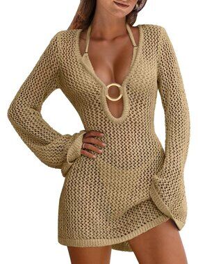 Women's Khaki Acrylic Crochet Mesh Bathing Cover UPS Summer Knit Swimwear